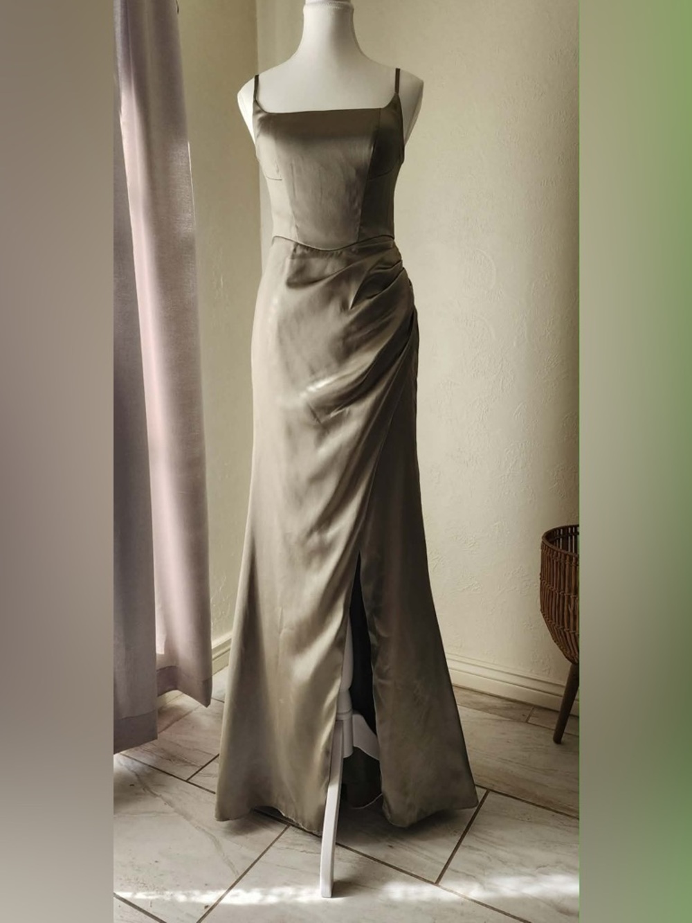 Olive Satin Bias Maxi Dress with Side Ruching